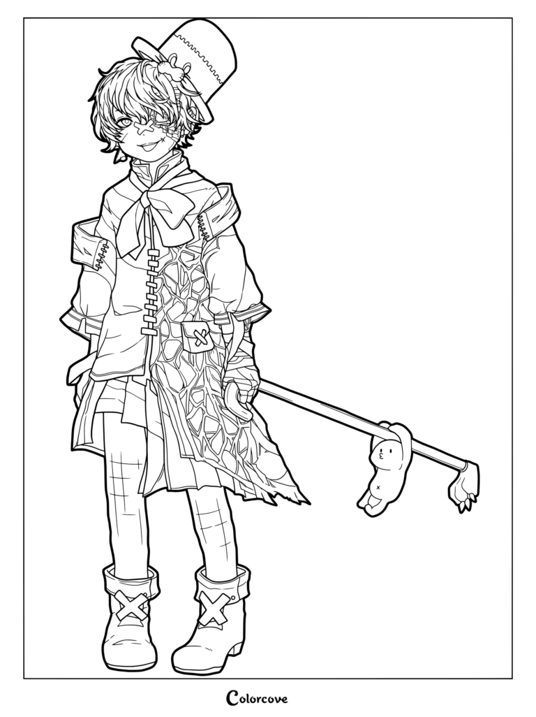 Fukase coloring page featuring the Vocaloid character wearing a top hat and bandages while holding a cane with a small mascot