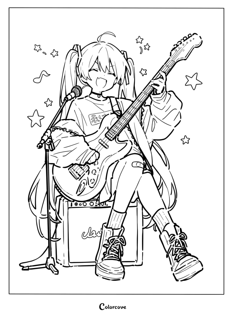 Hatsune Miku playing an electric guitar while sitting on an amplifier in this printable coloring page