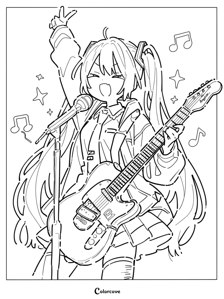 Hatsune Miku holding a guitar and singing into a microphone in this detailed line art coloring page