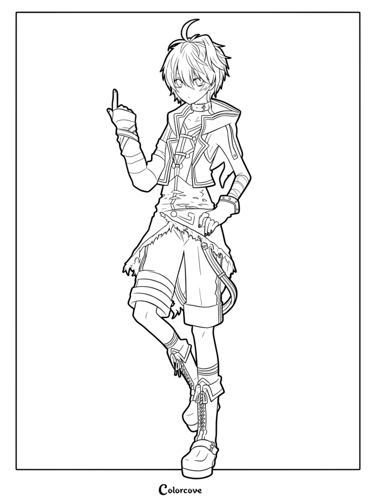 Line art coloring page of Vocaloid v4 Flower standing with one finger raised, wearing a detailed hooded jacket and boots.