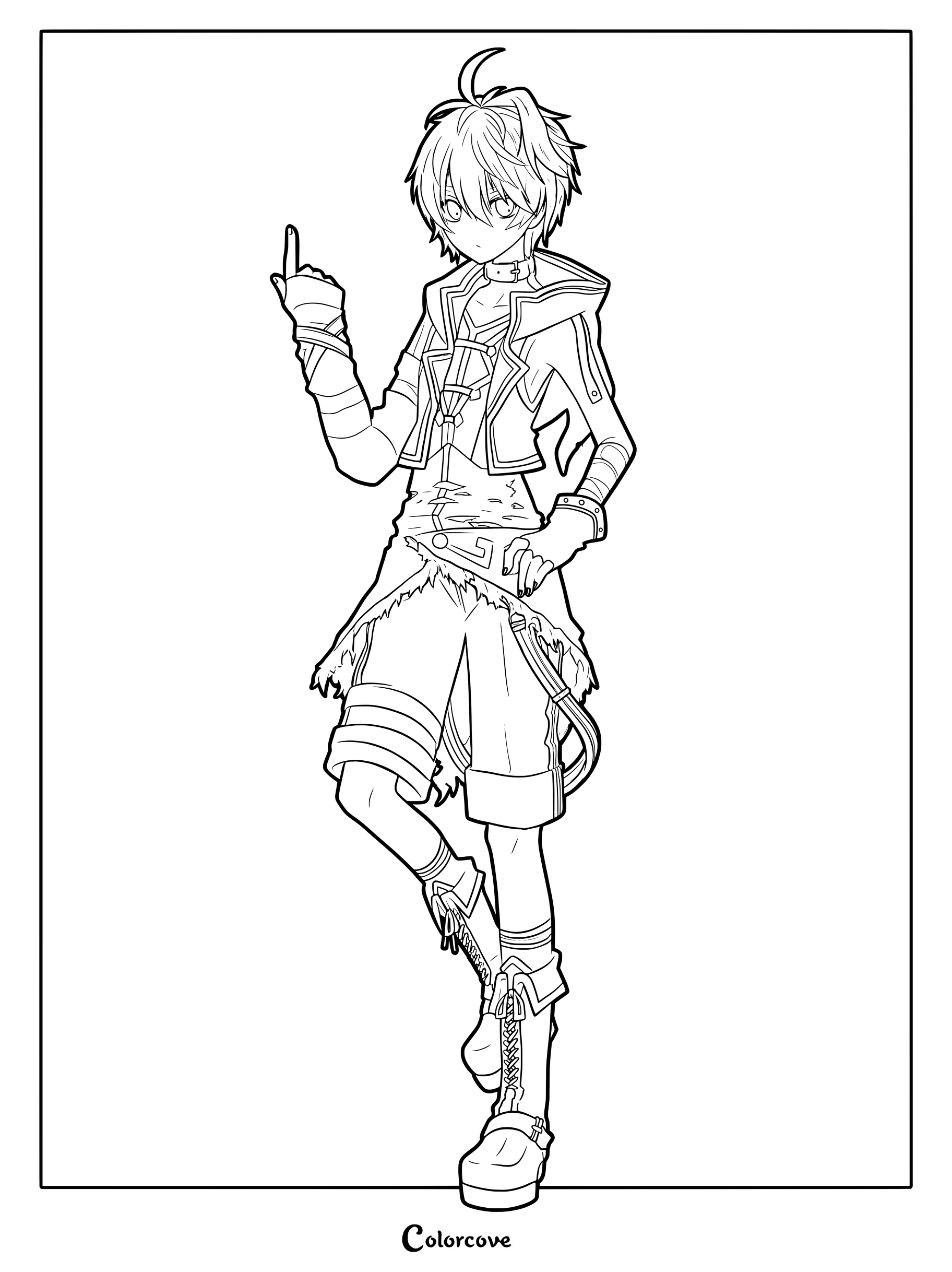 Line art coloring page of Vocaloid v4 Flower standing with one finger raised, wearing a detailed hooded jacket and boots.