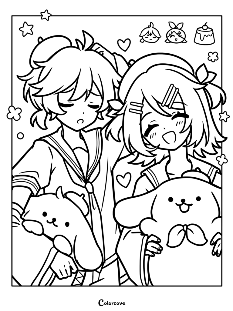 Kagamine Len Kagamine Rin coloring page featuring the Vocaloid characters holding plushies with doodle icons above