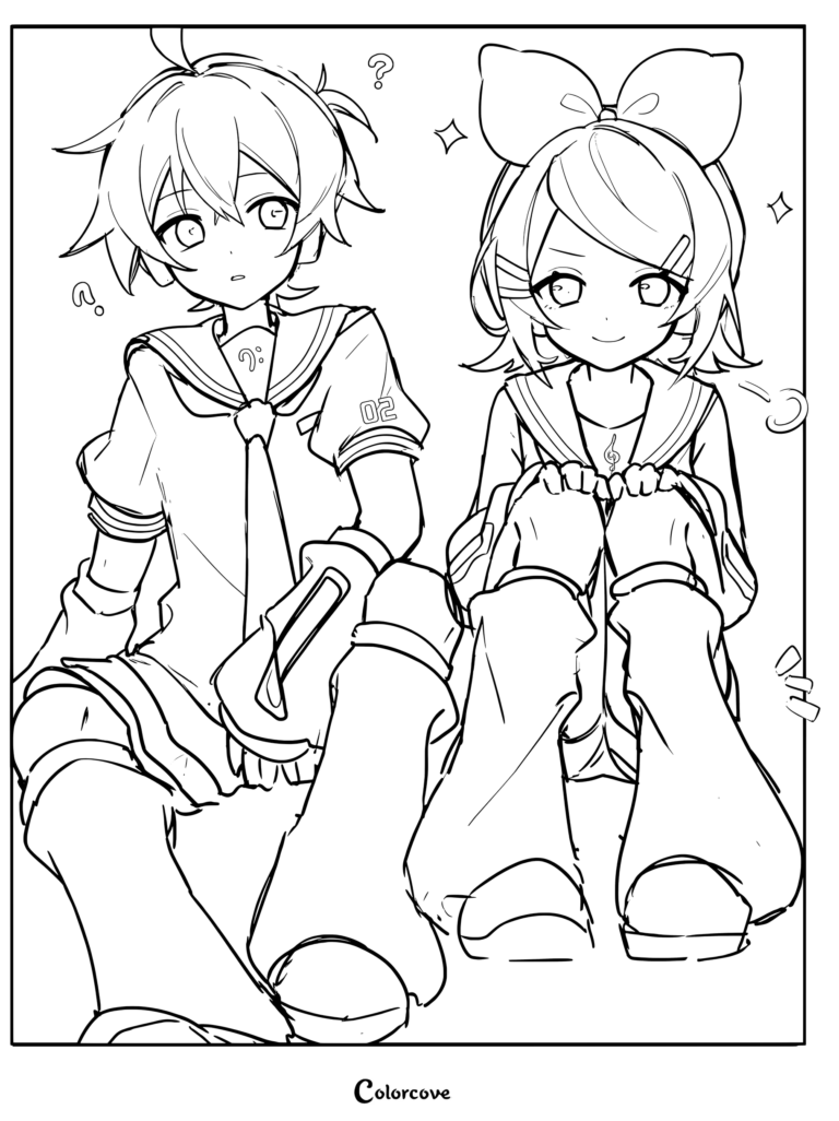 Kagamine Len and Kagamine Rin sitting together in a detailed line art coloring page.