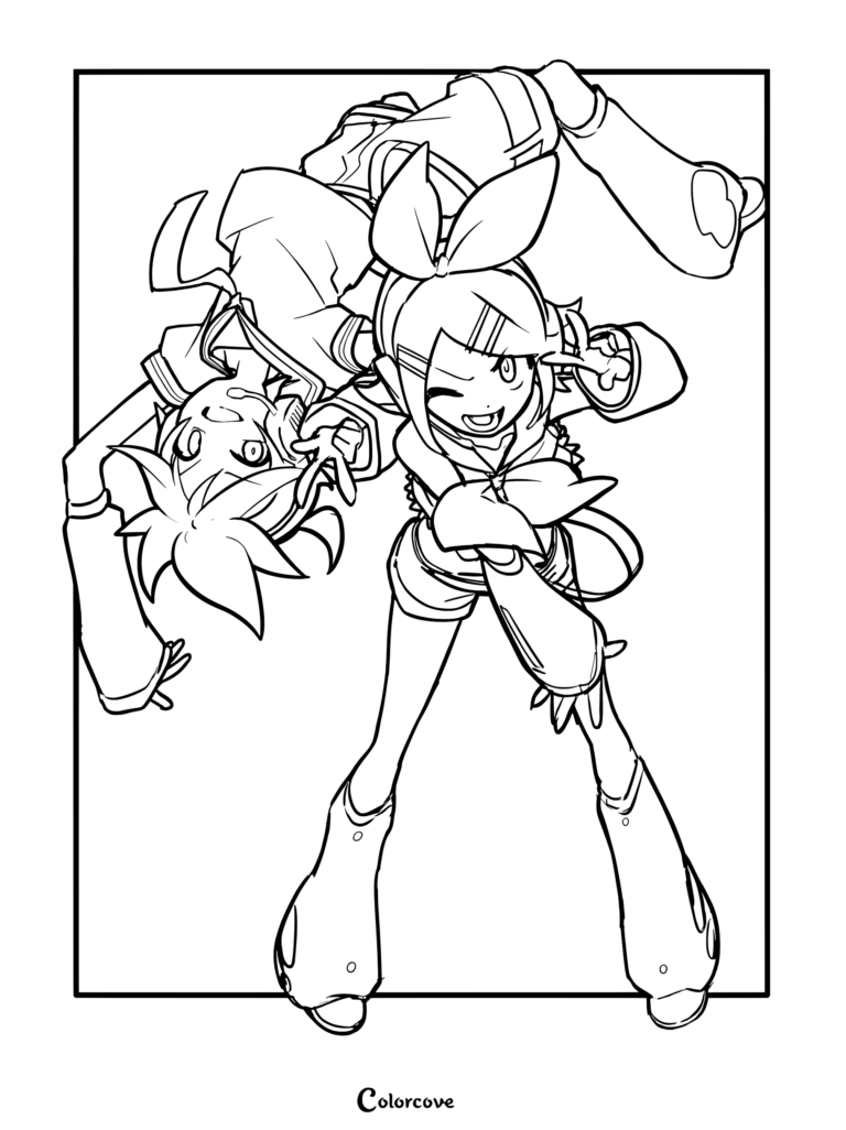 Kagamine Len and Kagamine Rin striking a dynamic pose in an outlined frame coloring page