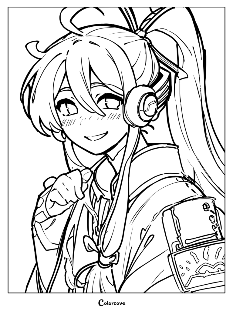 Kamui Gakupo coloring page featuring a smiling anime character with a ponytail and headphones