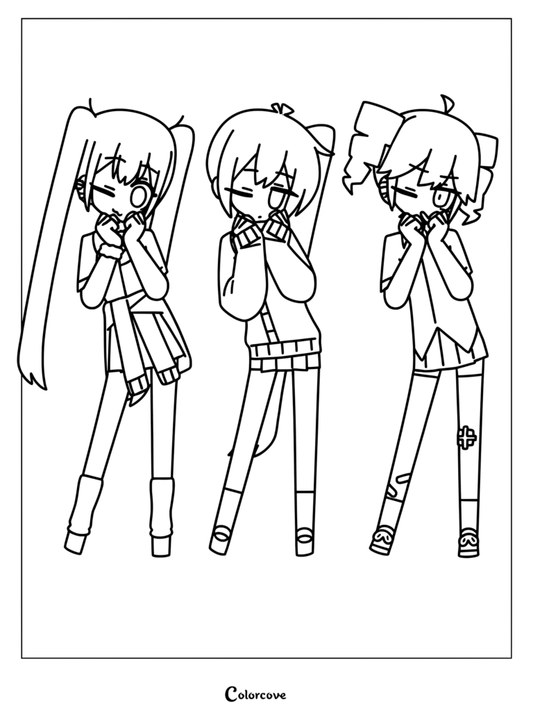 Kasane Teto, Hatsune Miku, and Akita Neru posing together in a coloring page