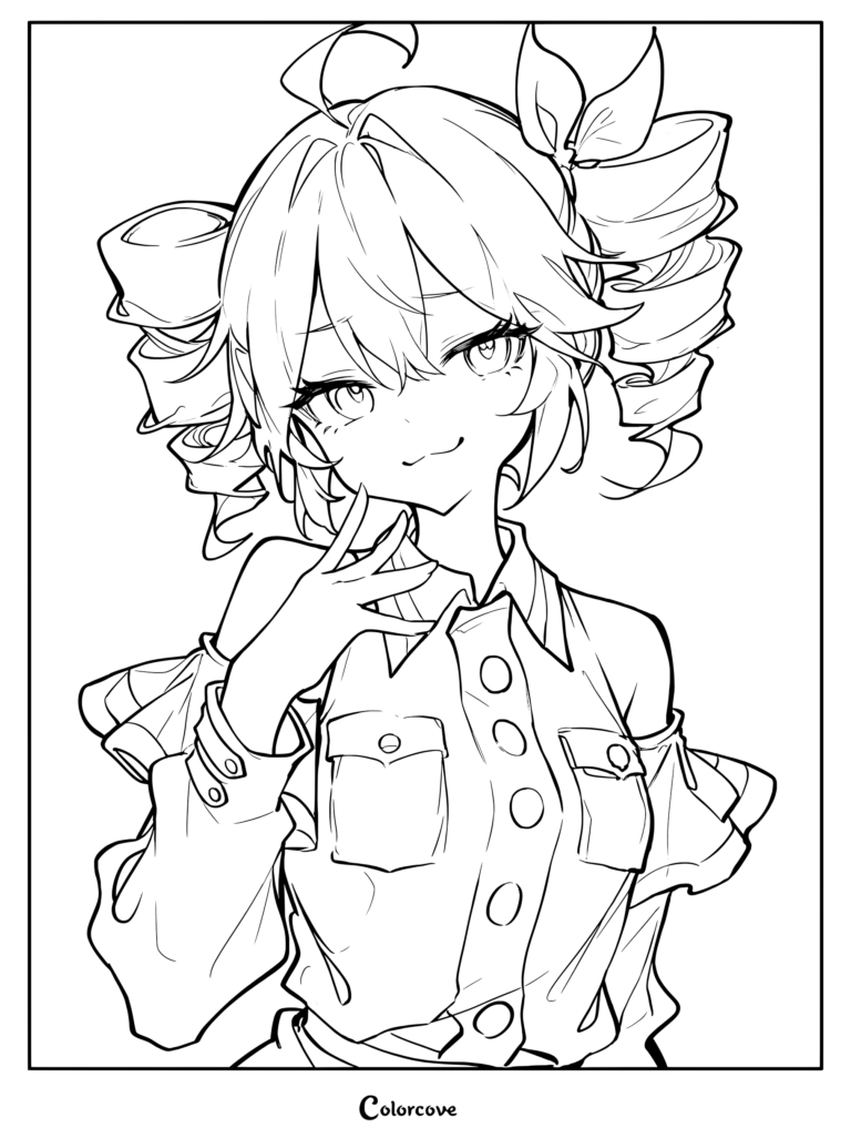 Kasane Teto coloring page featuring twin drill-style pigtails and a mischievous smile