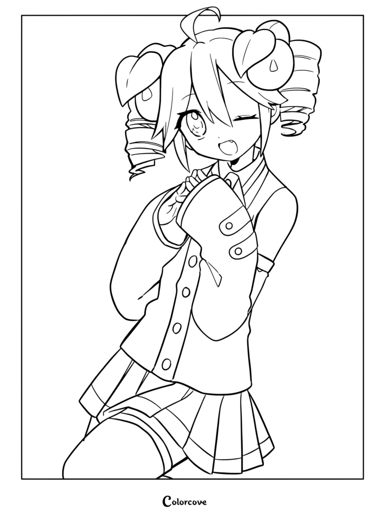Kasane Teto winking happily with twin drill tails in a cute pose printable coloring page