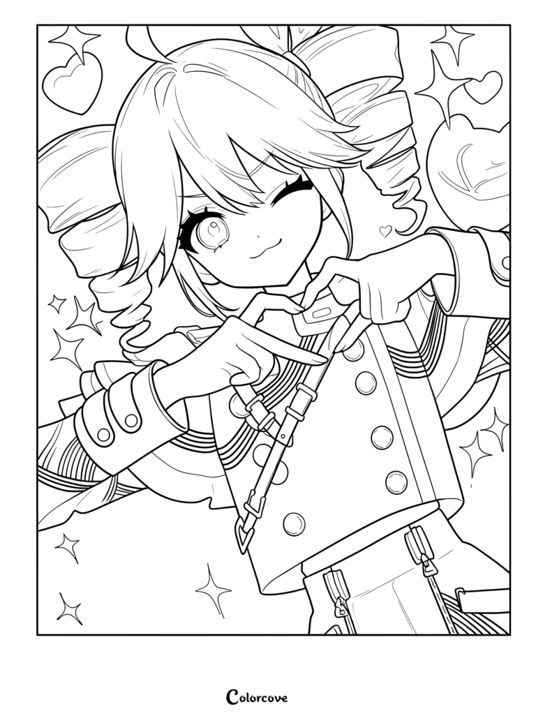 Kasane Teto coloring page with drill twin tails making a finger heart surrounded by sparkles and hearts