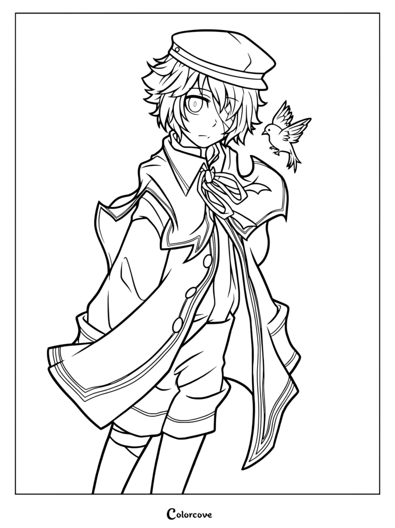 Oliver Vocaloid coloring page featuring Oliver wearing a cap and cloak with a small bird next to him