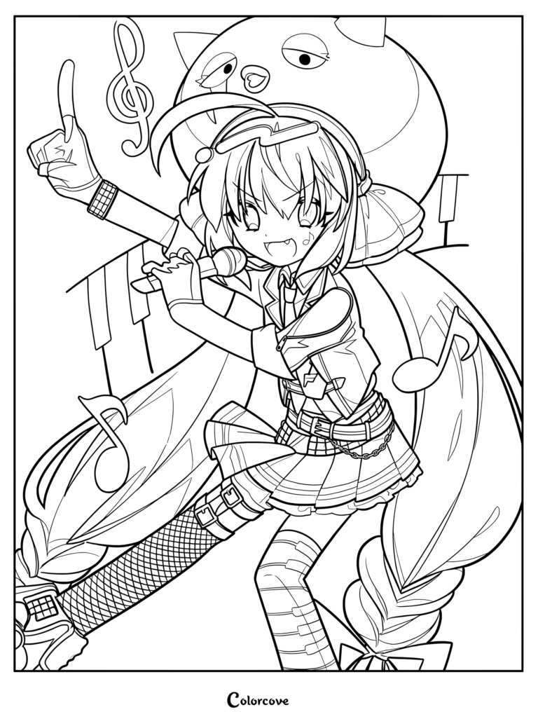 Otomachi Una singing into a microphone with musical notes in this detailed coloring page