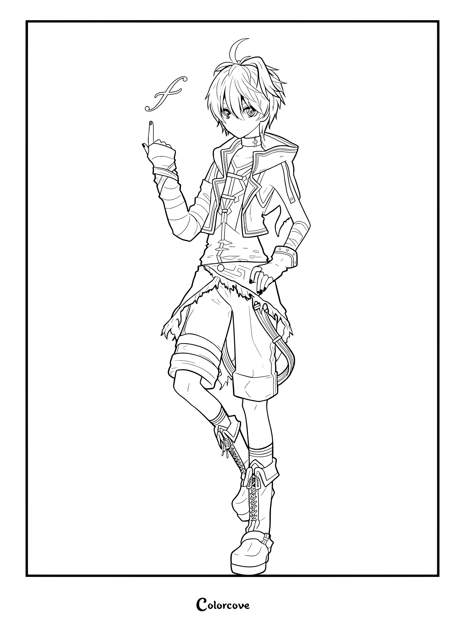 Vocaloid character Flower standing and pointing upward, detailed line art coloring page.