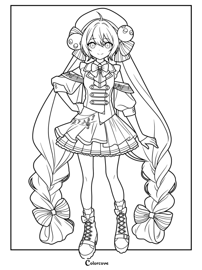 Otomachi Una coloring page featuring her long braided hair, hat with accessories, and musical-themed outfit