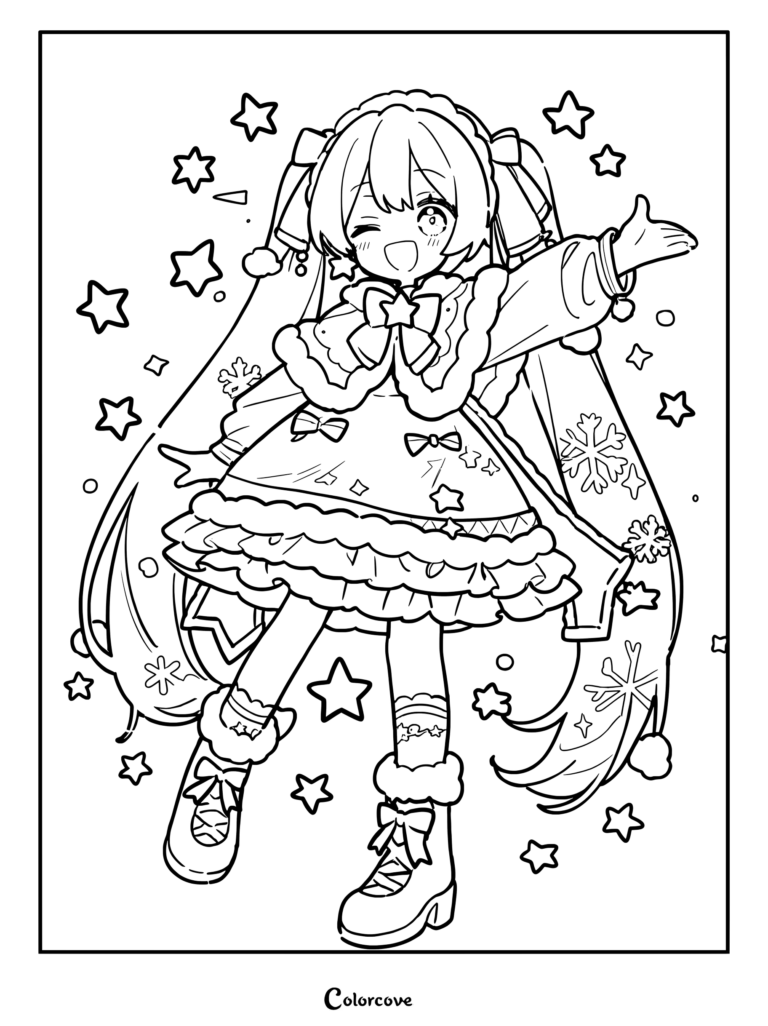 Snow Miku in winter outfit surrounded by stars coloring page
