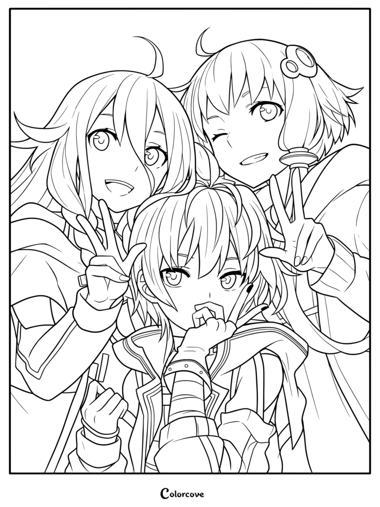 IA, V Flower, and Yuzuki Yukari smiling and making peace signs printable coloring page