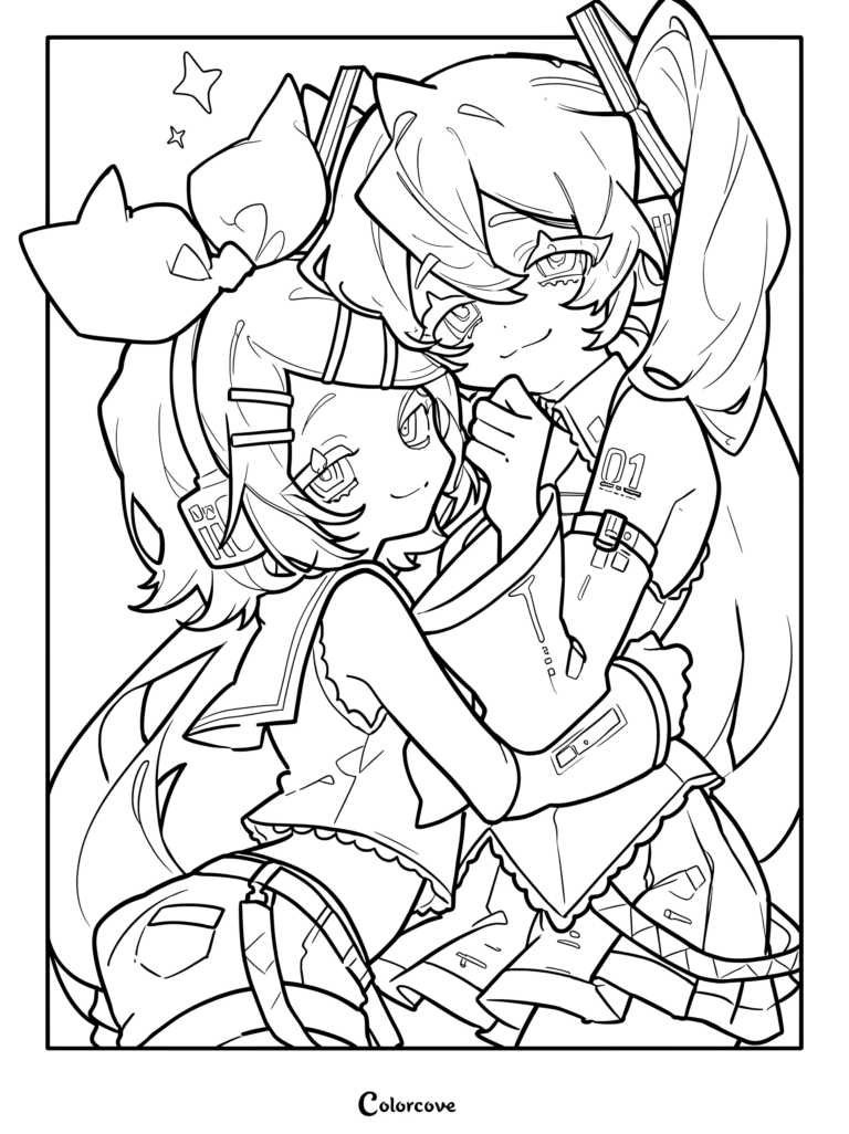 Hatsune Miku and Kagamine Rin embracing tightly in a line art coloring page