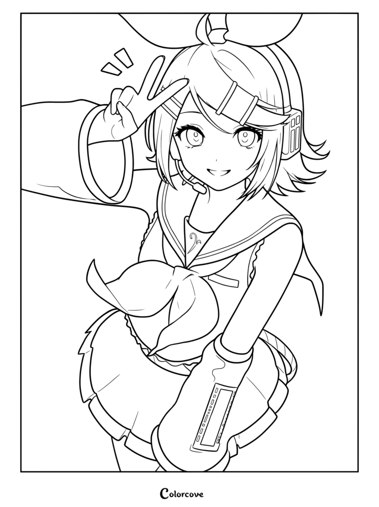 Kagamine Rin posing with a peace sign in this detailed coloring page