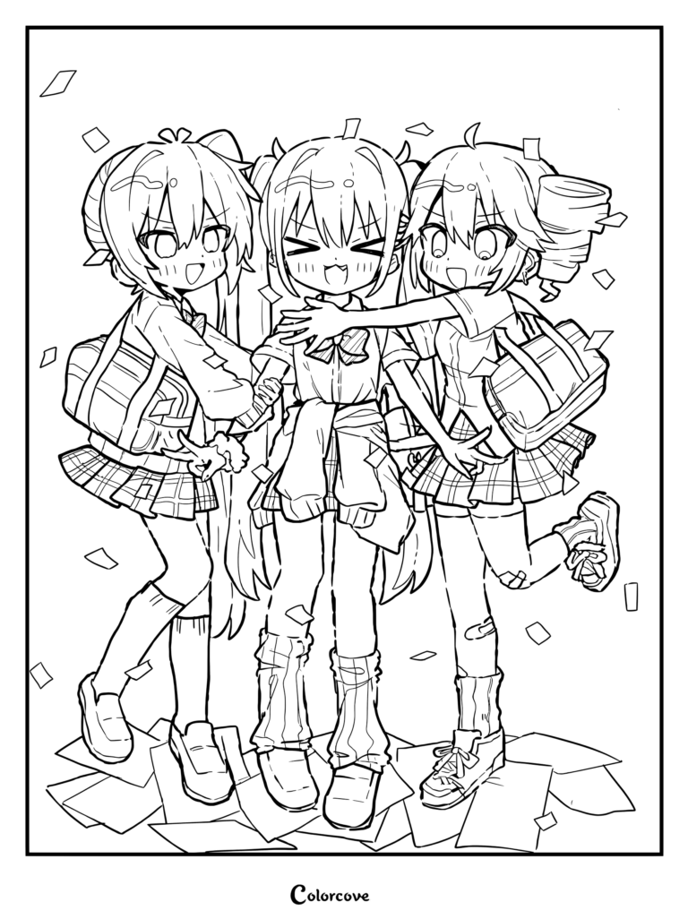 Hatsune Miku, Kasane Teto, and Akita Neru as a trio coloring page