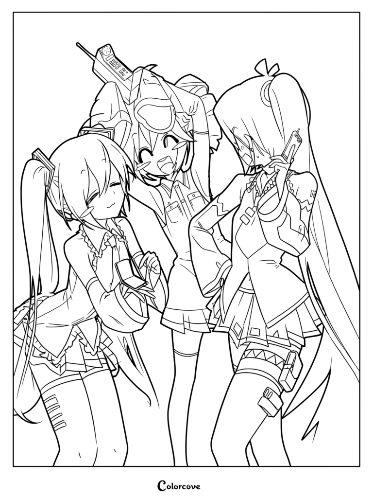 Hatsune Miku, Kasane Teto, and Akita Neru coloring page featuring characters with phones