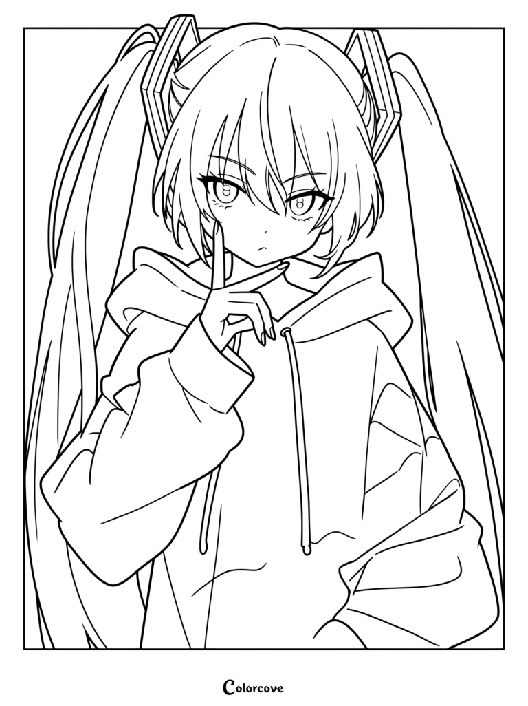 Printable coloring page of the virtual idol Hatsune Miku wearing a casual grey hoodie with long twin tails