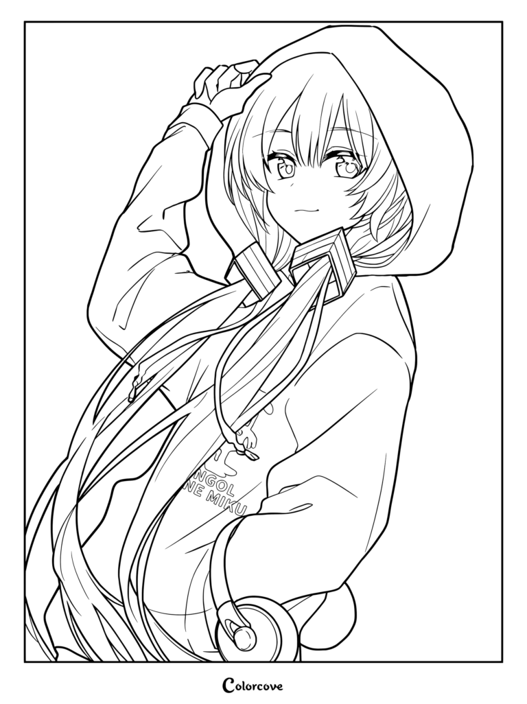 Line art coloring page of the virtual idol Hatsune Miku wearing a casual grey hoodie and adjusting her hood