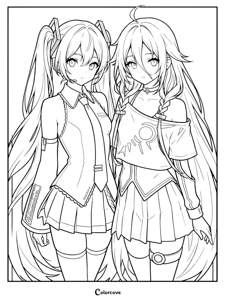 Hatsune Miku on the left with her signature teal twintails, and IA coloring page in line art style