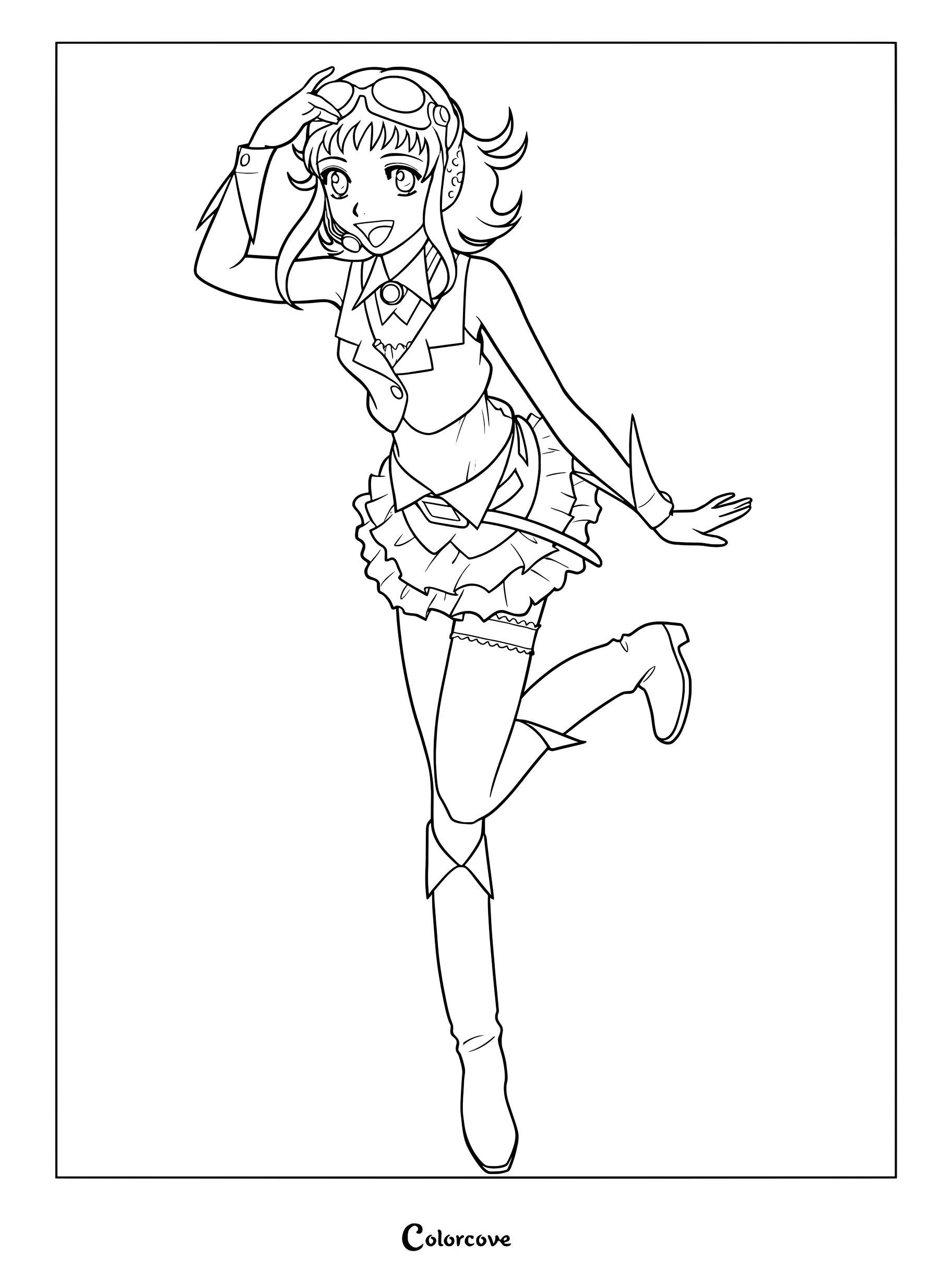 GUMI V2 Vocaloid character wearing goggles and a ruffled skirt in a dynamic pose, line art coloring page.