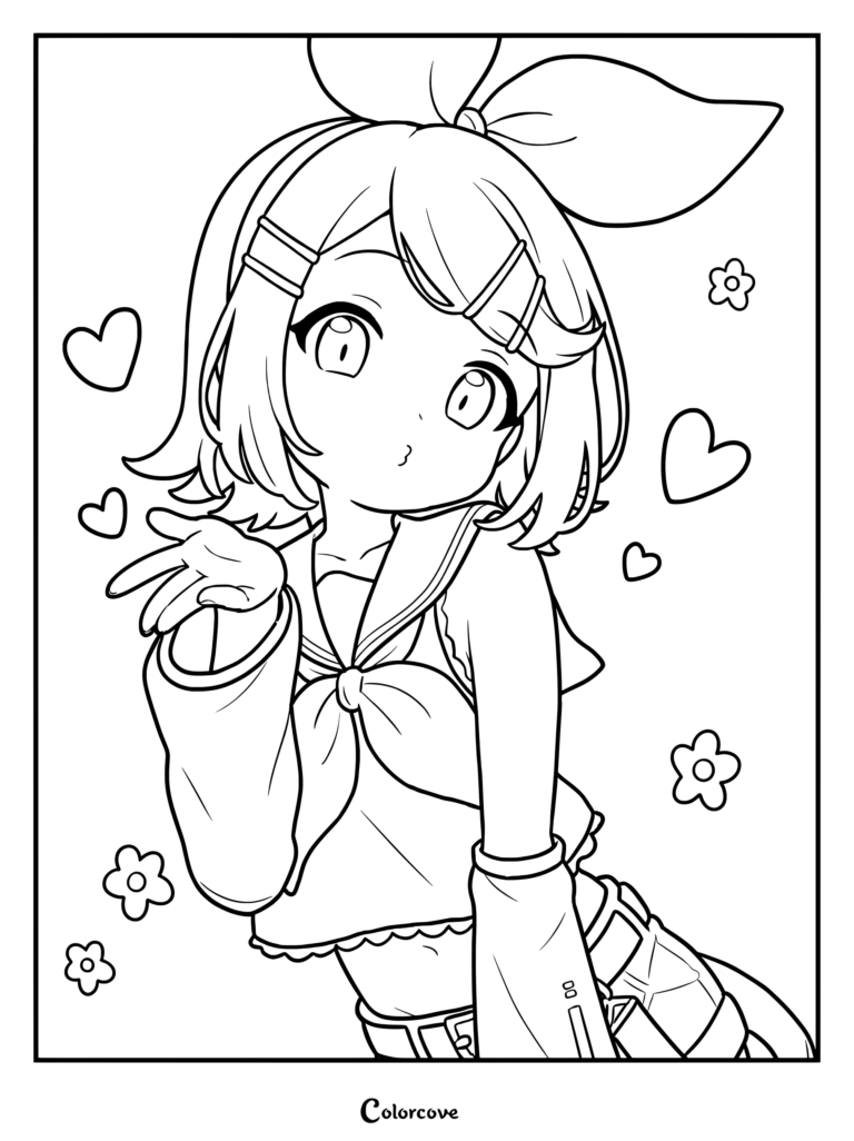 Printable line art coloring page of Kagamine Rin, the popular Vocaloid character with short blonde hair and blue eyes, blowing a kiss amidst floating hearts and flowers