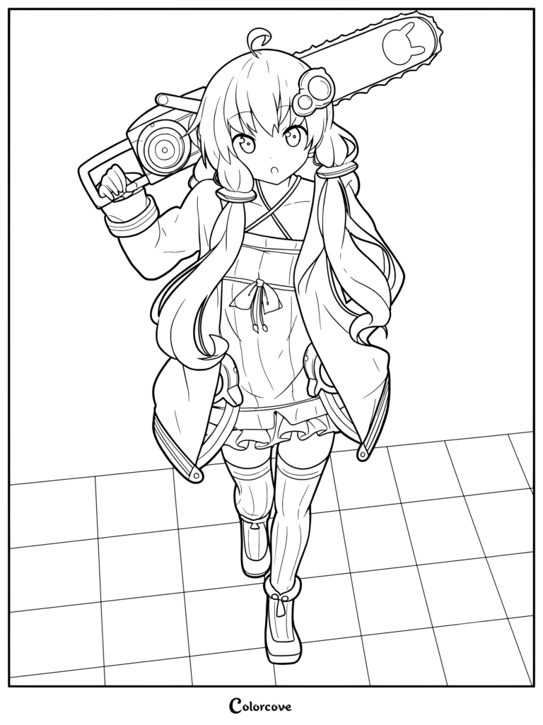 Yuzuki Yukari holding a chainsaw in this detailed line art coloring page