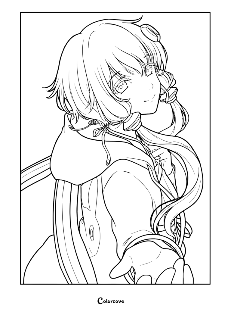 Yuzuki Yukari coloring page featuring the Vocaloid character turning back and extending her hand