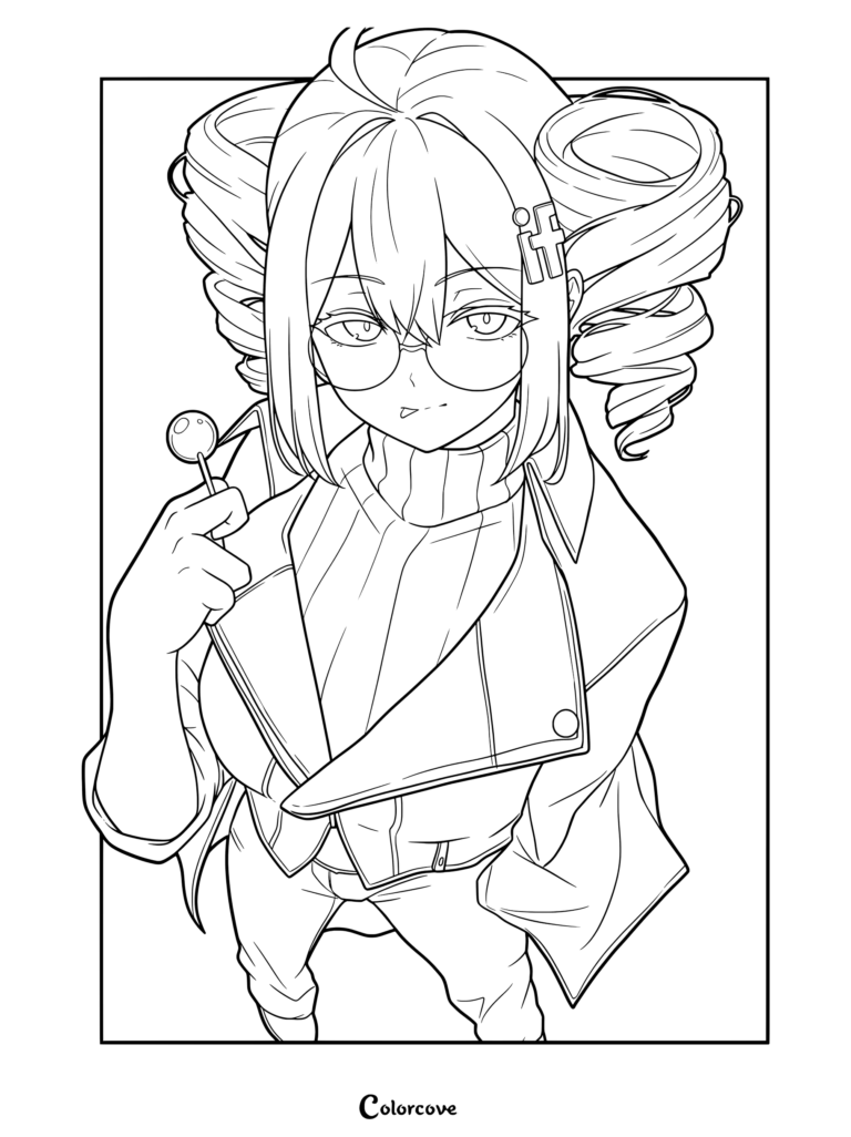 Kasane Teto from Vocaloid in her Synthesizer V modern redesign, holding a lollipop in a high-angle coloring page.