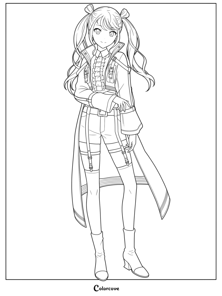 Kasane Teto Synthesizer V Modern Redesign coloring page of a Vocaloid character with twintails wearing a stylish jacket and boots