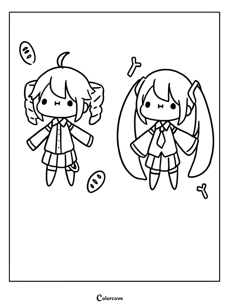 Chibi Hatsune Miku & Kasane Teto coloring page featuring popular Vocaloid characters in a cute anime art style.
