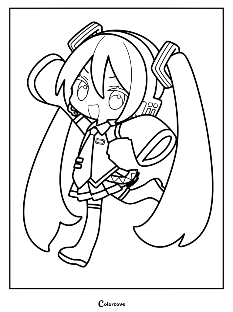 Chibi Hatsune Miku coloring page featuring the Vocaloid character in a dynamic pose with long twin tails.