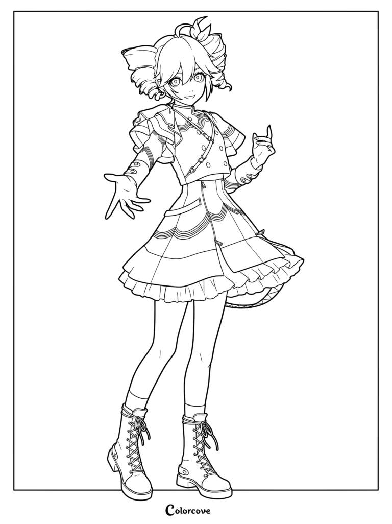 Kasane Teto Vocaloid coloring page featuring her in a detailed jacket, pleated skirt, and combat boots.