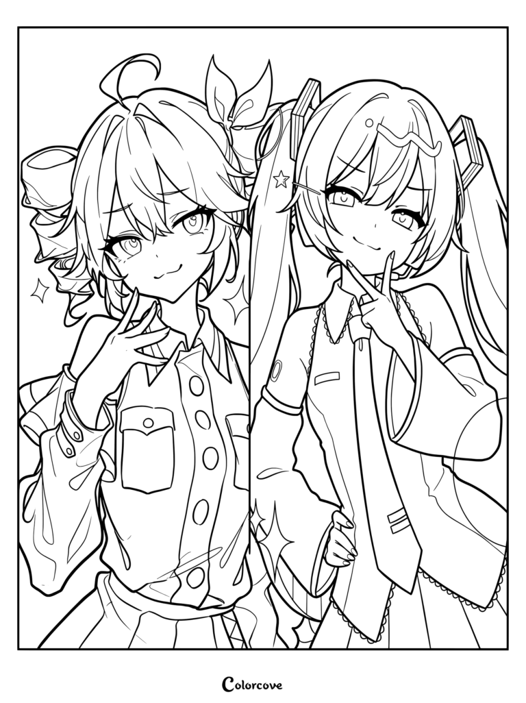 Vocaloid coloring page featuring Hatsune Miku and Kasane Teto striking playful poses together.