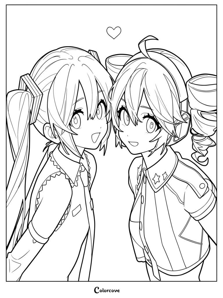 Vocaloid coloring page featuring Hatsune Miku and Kasane Teto with happy expressions and a heart overhead.