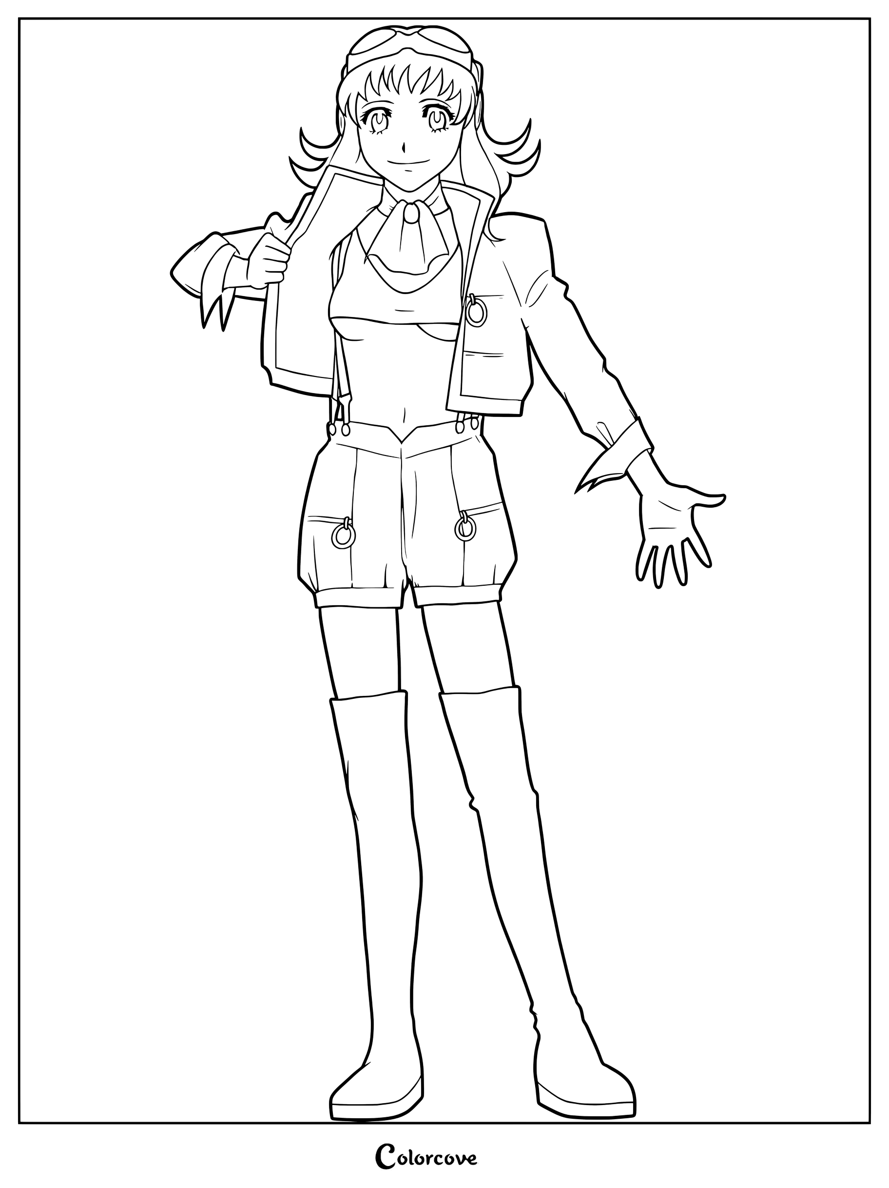 GUMI V3 Vocaloid character wearing a jacket, shorts, and goggles in a detailed line art coloring page.
