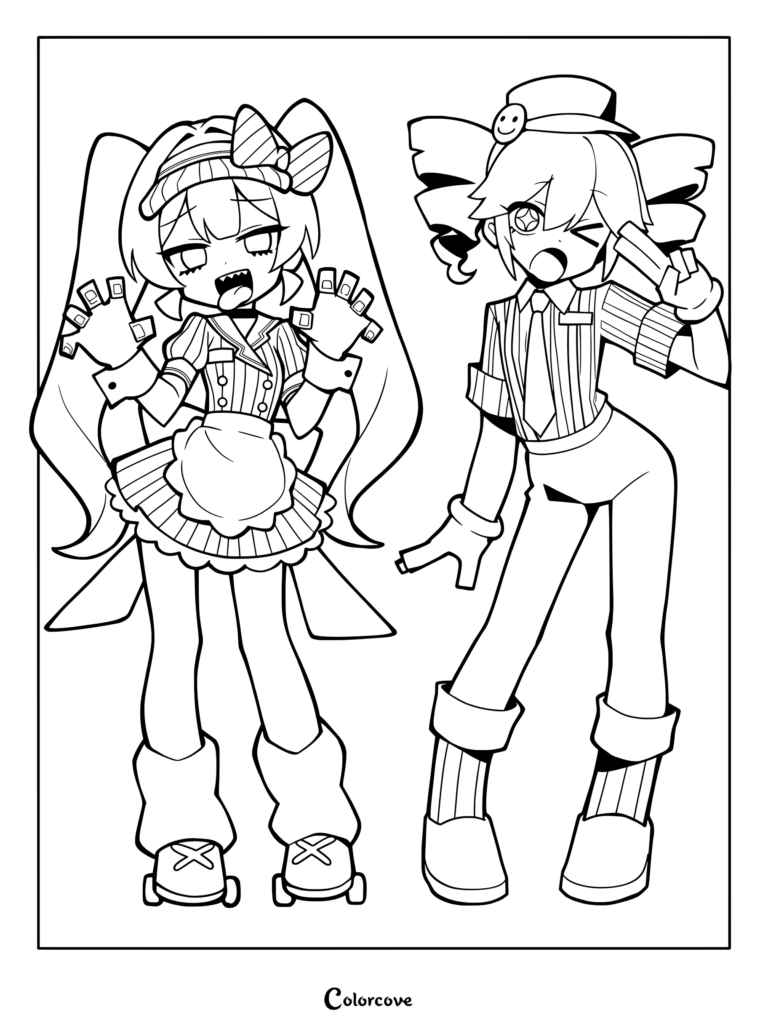 Hatsune Miku and Kasane Teto coloring page of Vocaloid characters in cute maid outfits posing playfully.