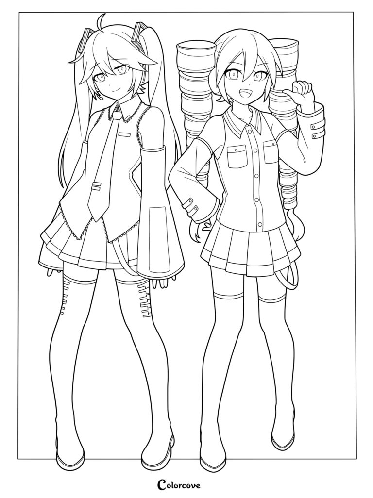 Vocaloid coloring page featuring Hatsune Miku and Kasane Teto standing side by side in detailed outfits.