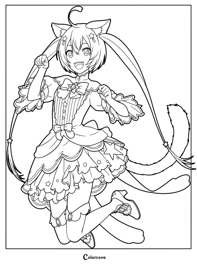 Project SEKAI Colorful Stage Hatsune Miku coloring page depicting the character with cat ears and frilly dress from the Vocaloid franchise