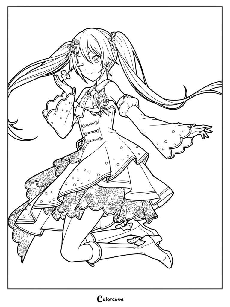 Project SEKAI Colorful Stage Hatsune Miku Vocaloid coloring page featuring her in a floral dress holding a four-leaf clover.