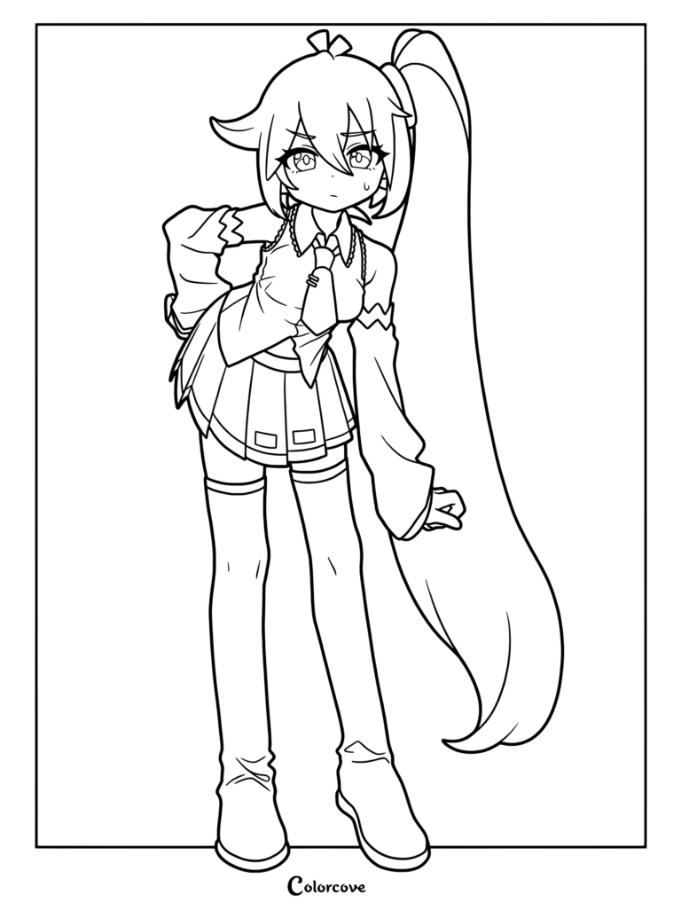 Printable Akita Neru Vocaloid coloring page featuring her signature side-tail and text messaging pose.