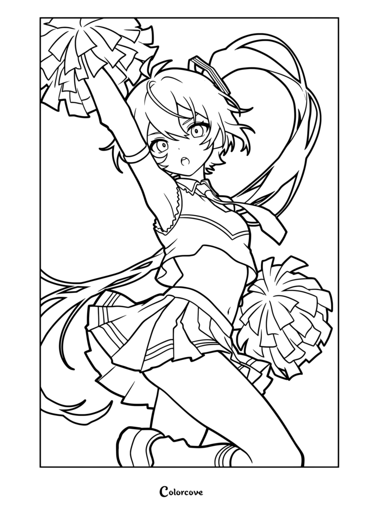A printable coloring page of Akita Neru from Vocaloid acting as an energetic cheerleader holding pom-poms.