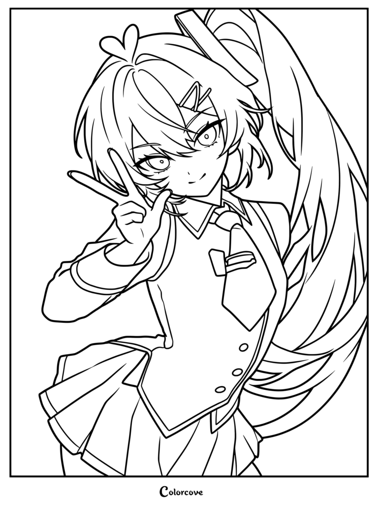 Akita Neru making a peace sign in her school uniform, ready to color in this Vocaloid coloring page.