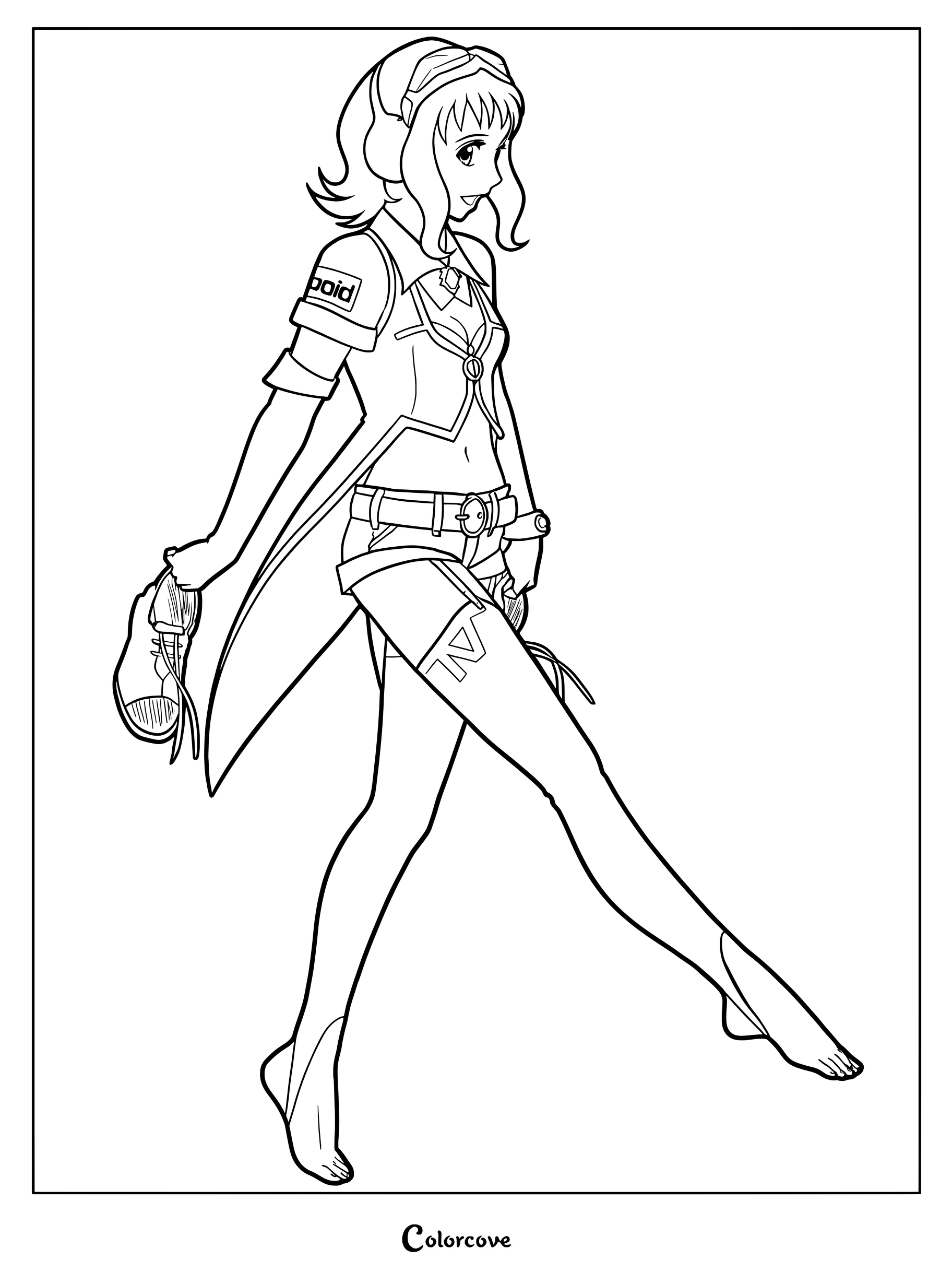 GUMI V4 Sweet Vocaloid character walking barefoot while holding her shoes in a detailed line art coloring page.