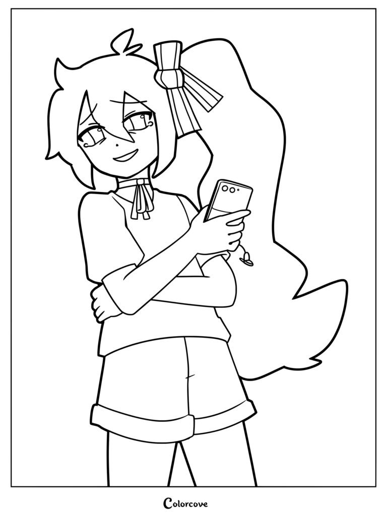 Free Vocaloid coloring page of Akita Neru with her side-tail holding a smartphone and leaning forward.