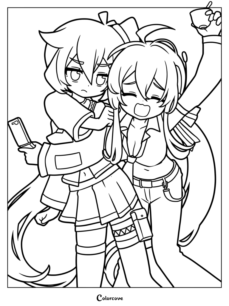 Printable Vocaloid coloring page featuring Akita Neru typing on her flip phone while Yowane Haku happily holds up a coffee cup.