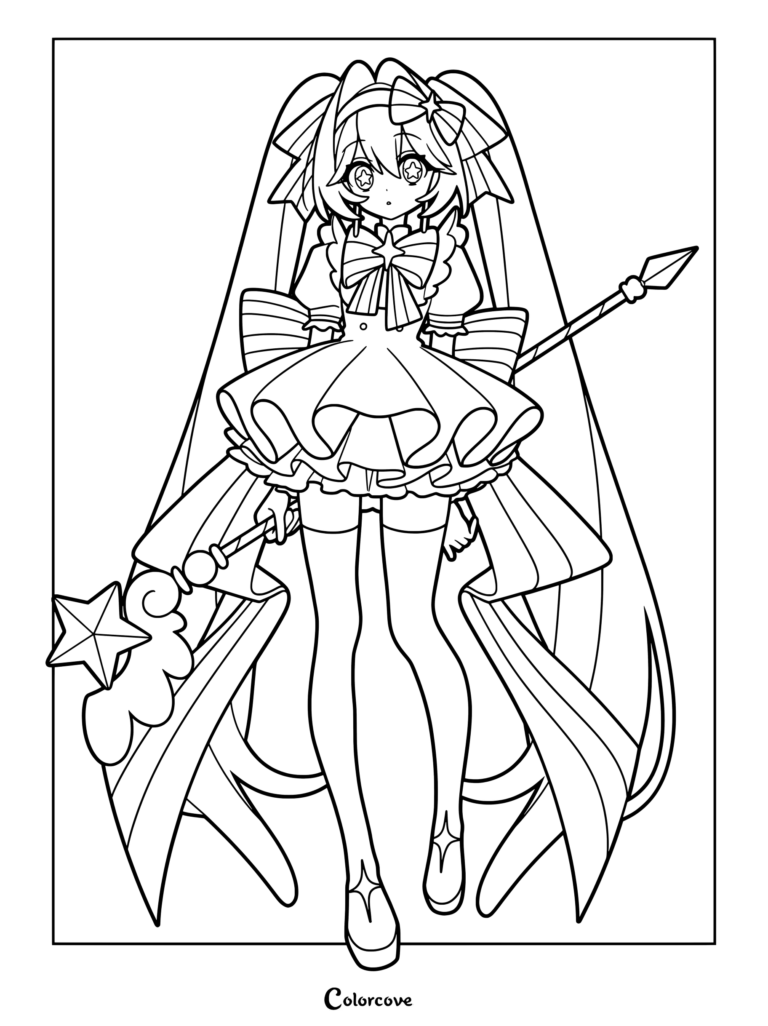 Retry Now Hatsune Miku coloring page featuring the Vocaloid character holding a magical staff in a desaturated magical girl outfit.