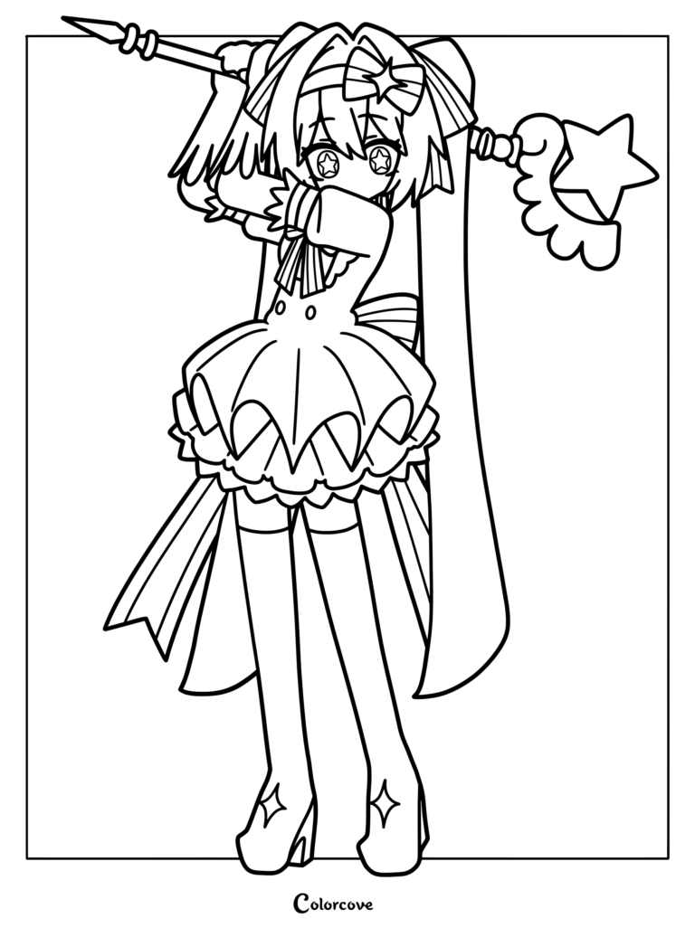 Retry Now Hatsune Miku coloring page featuring the Vocaloid character holding a magical staff.